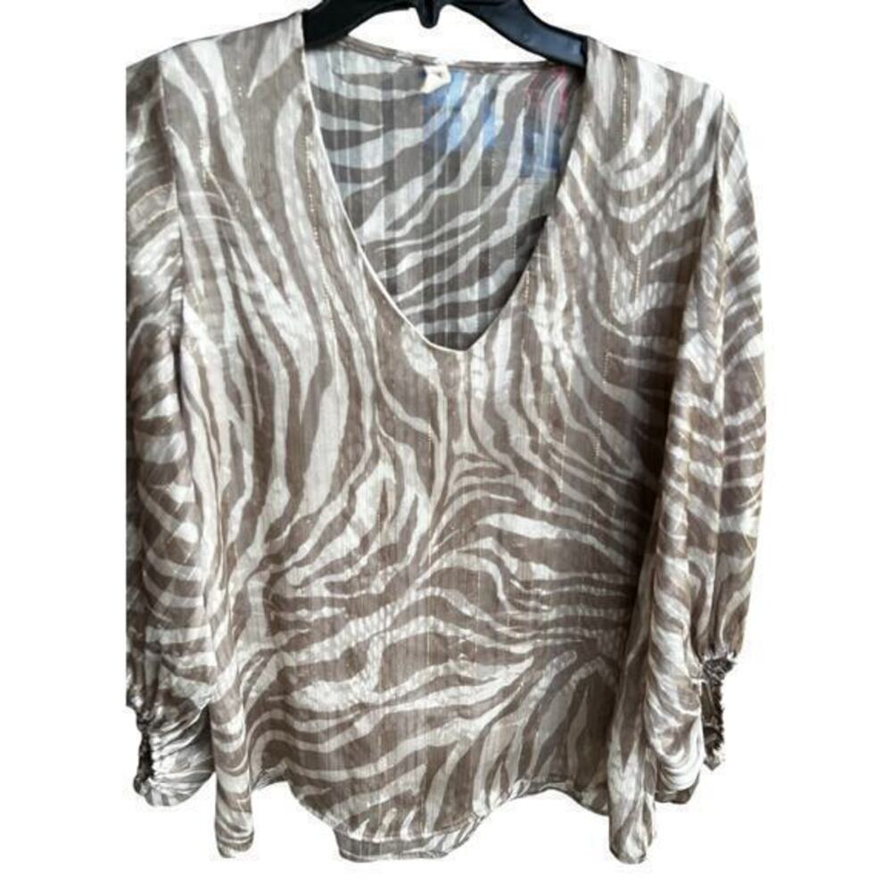 TYCHE balloon bubble sleeve gold metallic threading glam lightweight 3/4 sl sz M